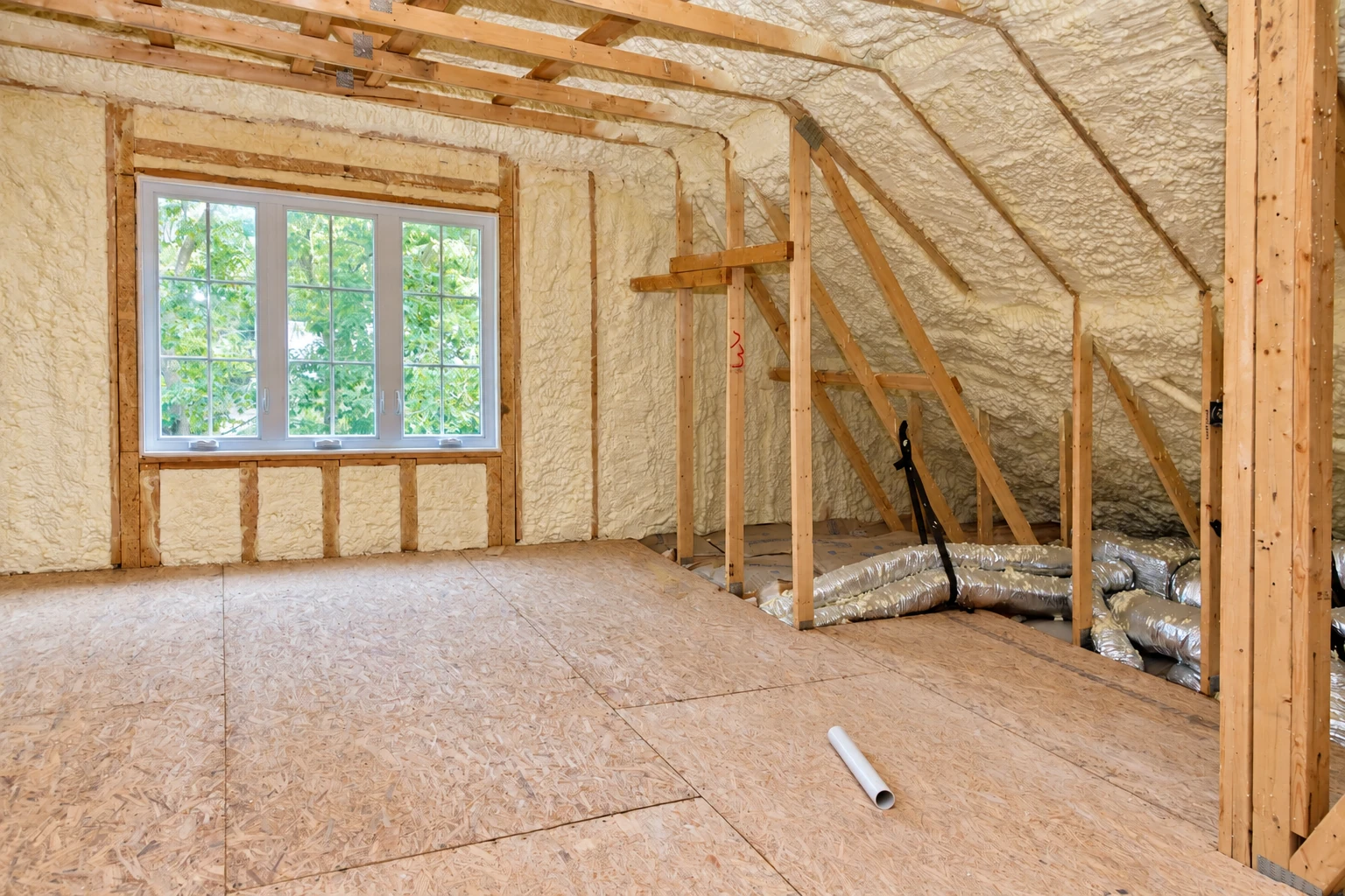 Attic with exposed framing and cream spray foam covering the roof and walls around a window and ductwork.