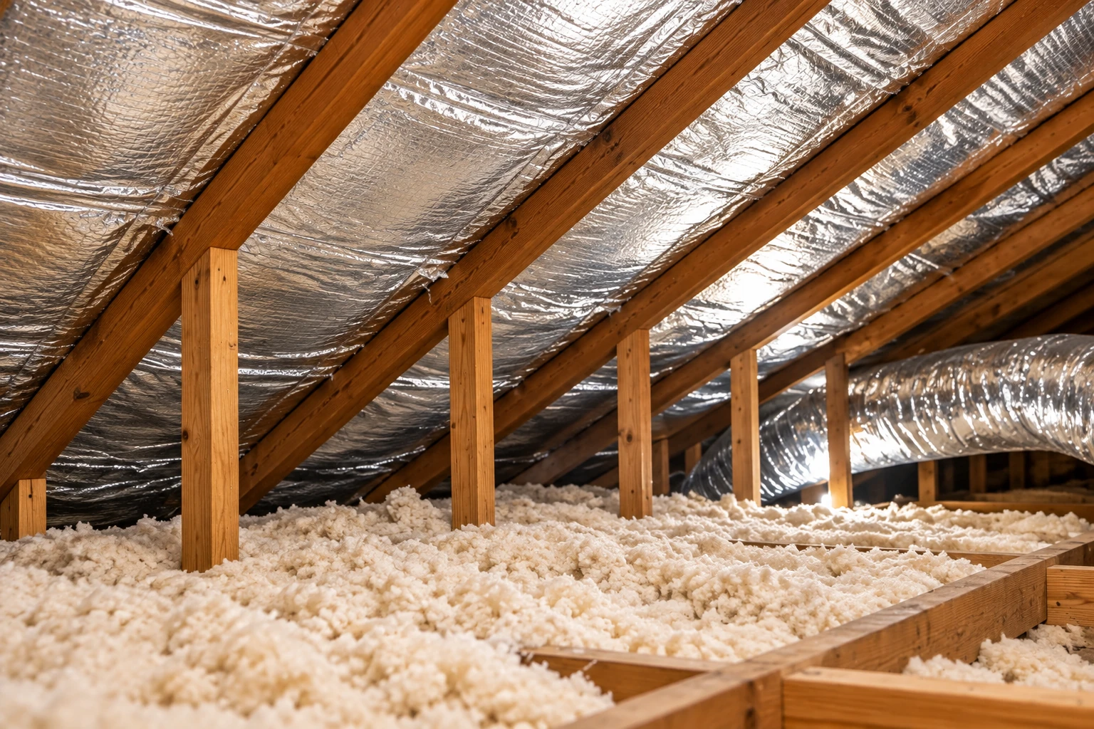 Loose-fill insulation covers an attic floor beneath exposed rafters lined with reflective foil.