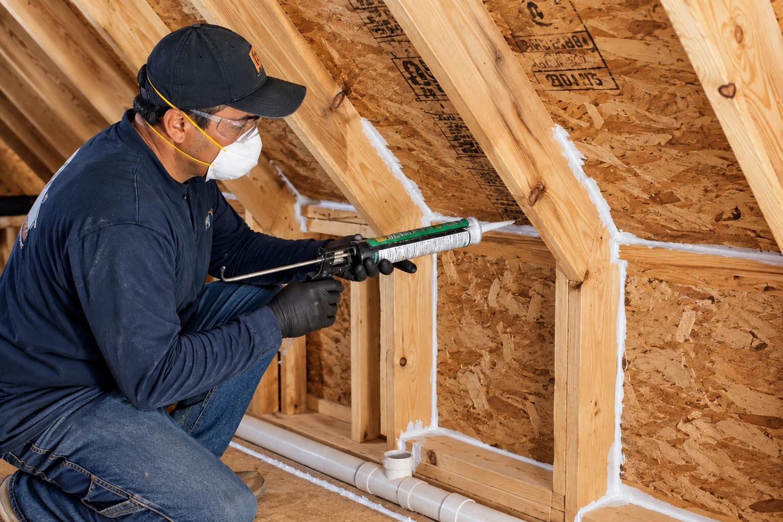 A worker wearing safety glasses, a mask, and gloves applies white sealant along the joints of exposed attic framing.