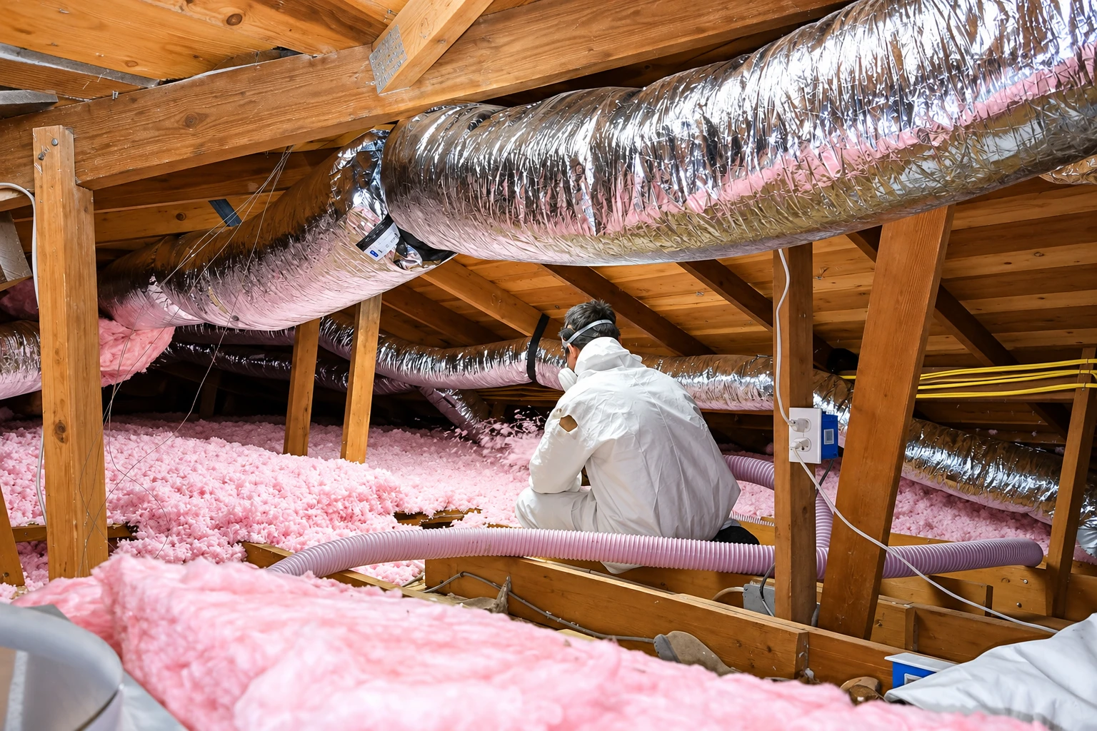 A worker in protective clothing installs pink attic insulation among wooden rafters and foil-wrapped ducts.