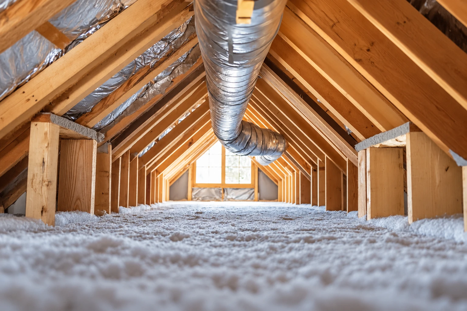Attic with exposed wooden rafters, a large silver ventilation duct, and a deep layer of blown-in insulation across the floor.