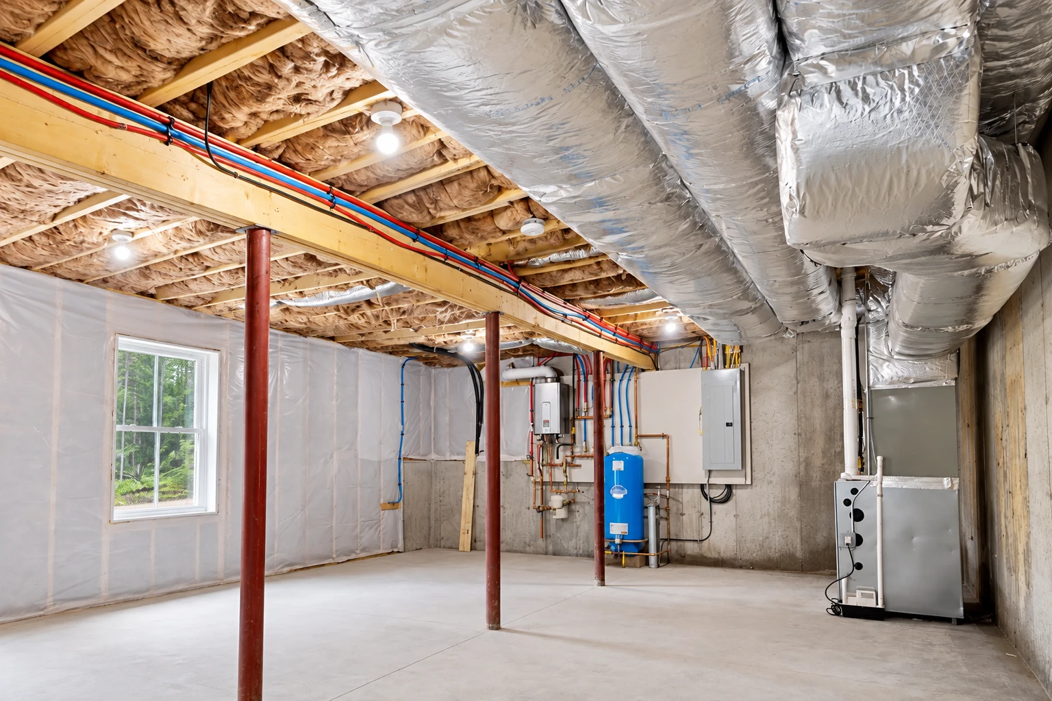 Basement with exposed ceiling joists, tan insulation, large silver ducts, utility equipment, and plastic-covered walls.