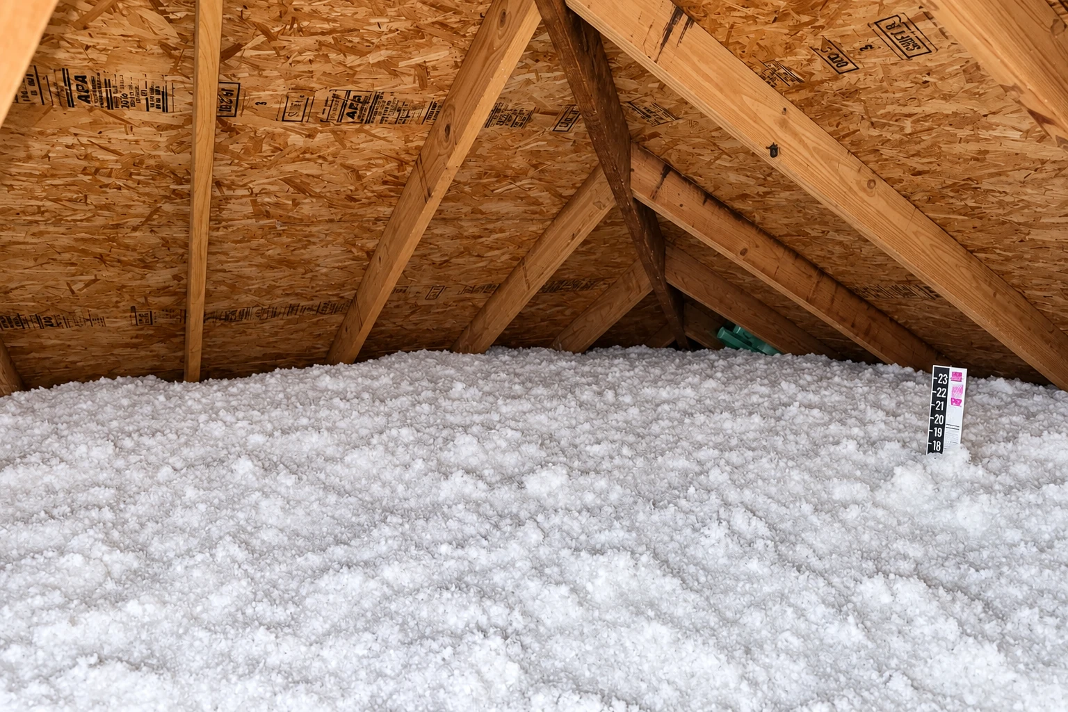 A thick layer of white blown-in insulation covers an attic floor beneath exposed roof trusses.