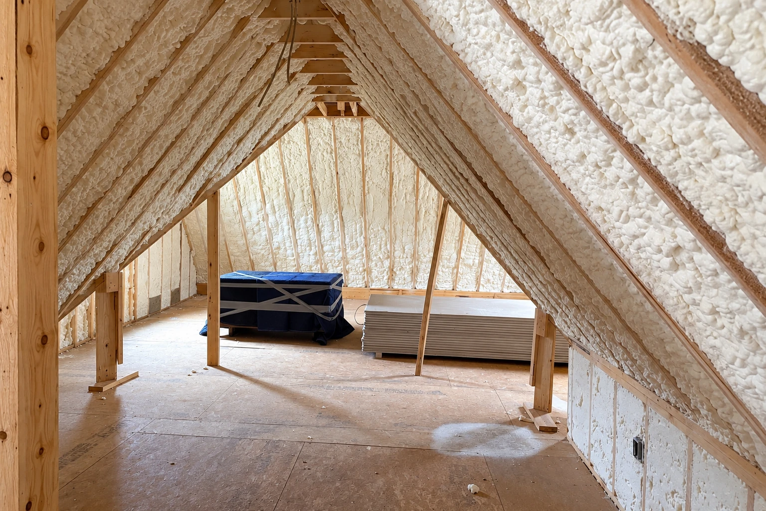 Attic with white spray foam covering the sloped rafters and walls, with exposed wood framing and stacked building materials.