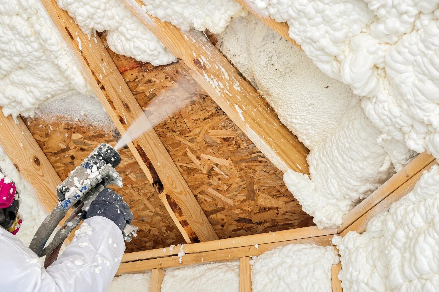 Worker sprays white closed-cell foam insulation between wooden roof rafters.