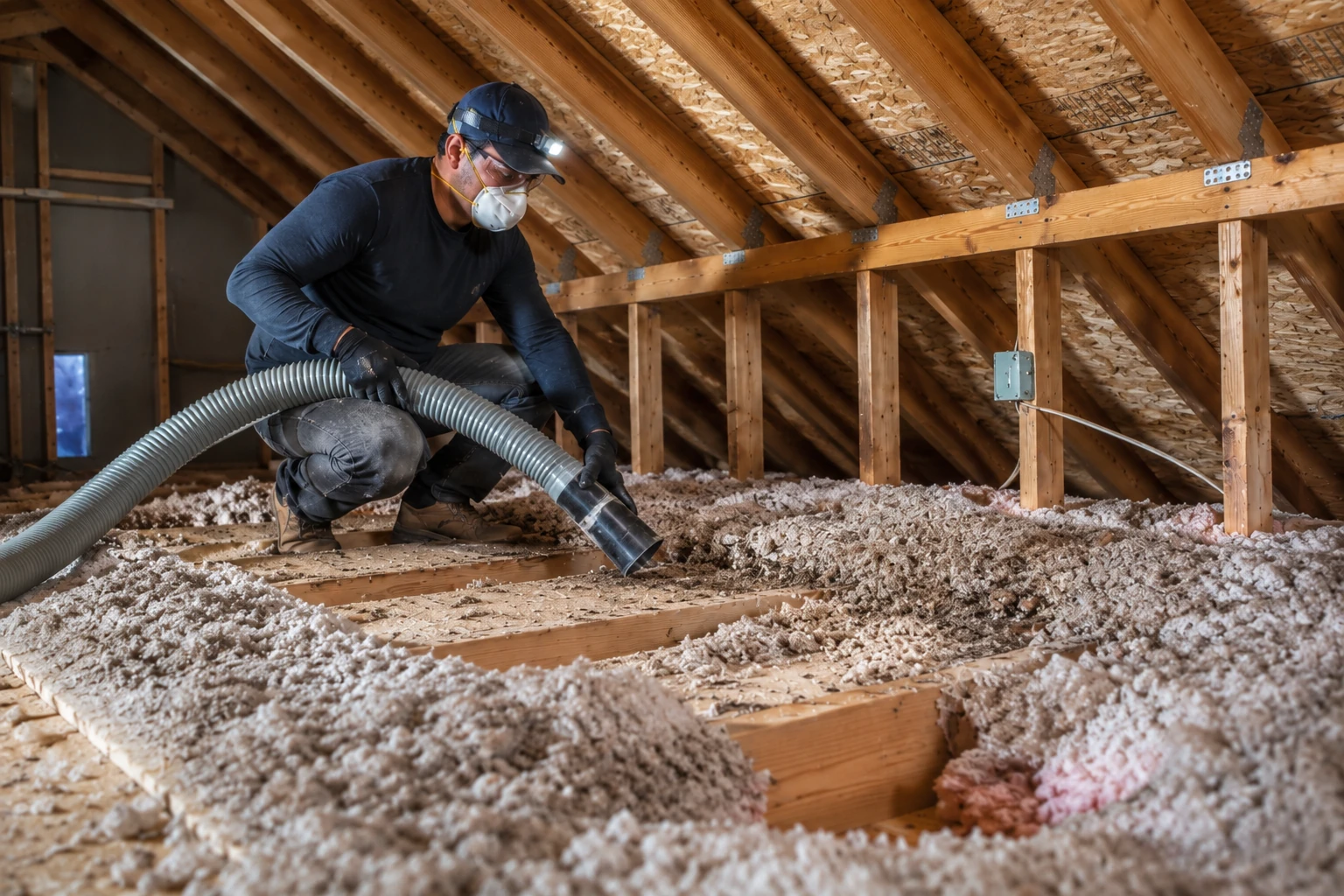 A worker wearing a respirator and headlamp spreads loose-fill insulation across an attic floor with a hose.