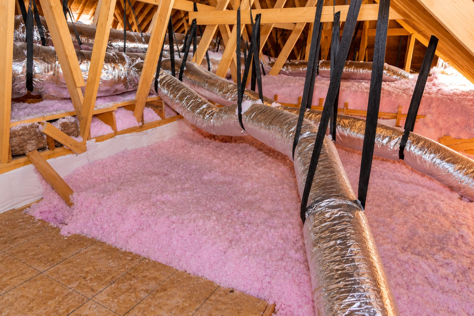 Pink insulation covers a commercial attic floor beneath suspended foil-wrapped ducts and exposed wooden roof trusses.