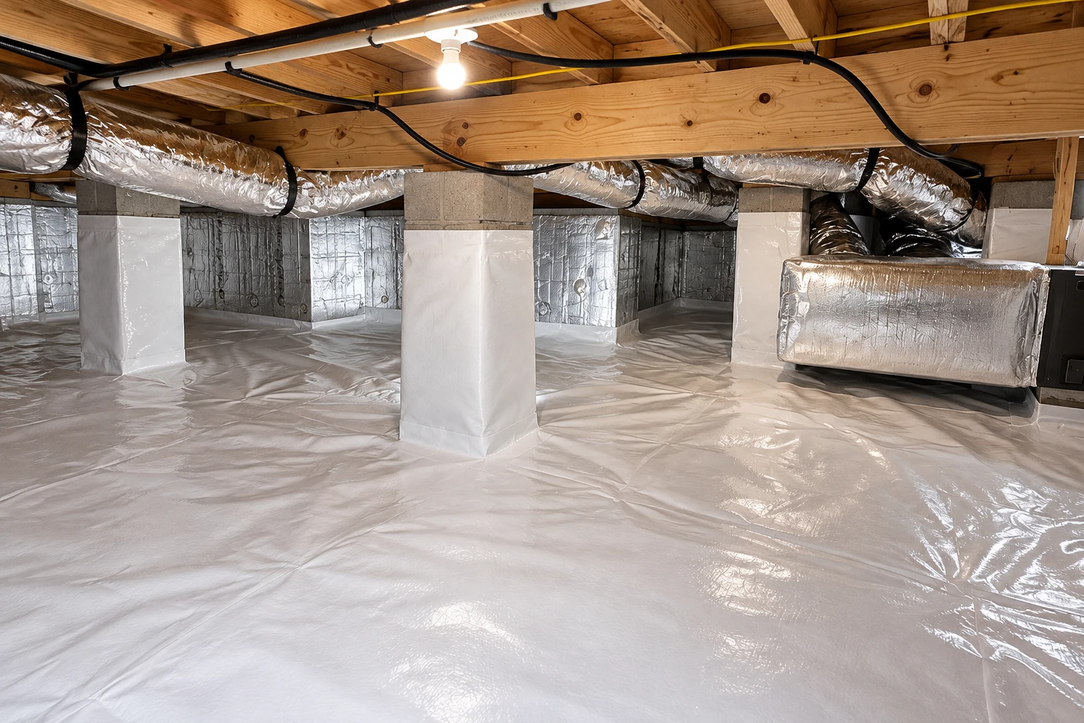 A sealed crawl space has reflective floor sheeting, wrapped support posts and insulated ducts beneath exposed joists.