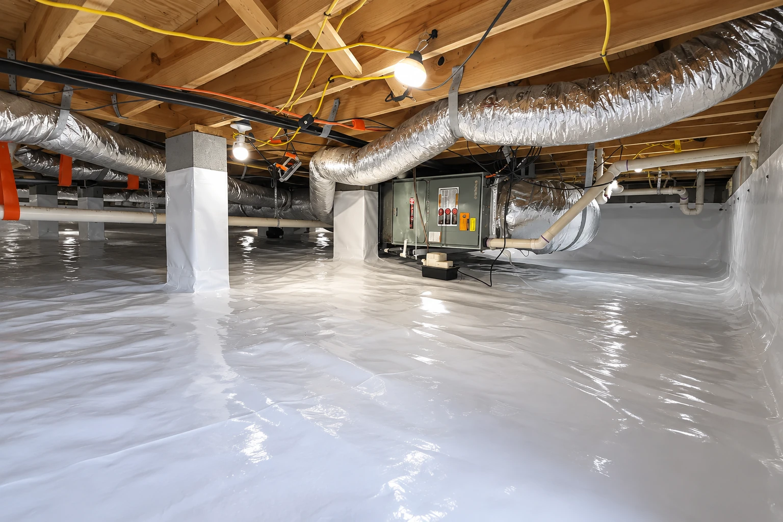 A crawl space has a white vapor barrier covering the floor and lower walls beneath ductwork and pipes.
