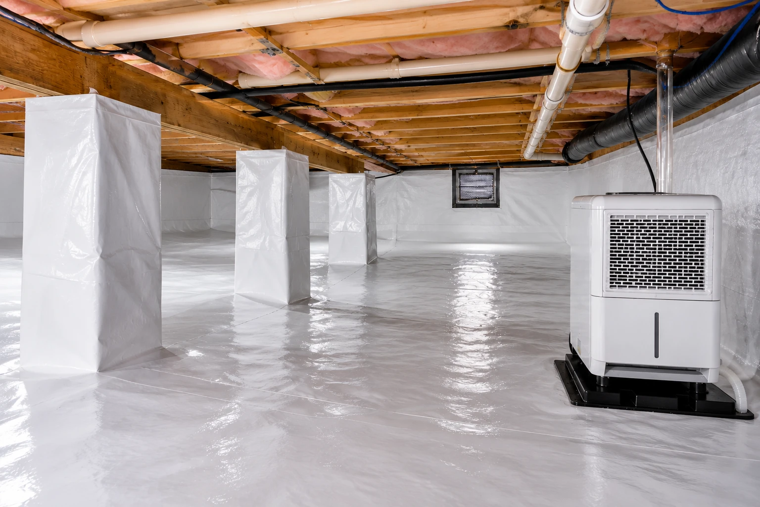 Crawl space with a shiny white vapor barrier covering the floor and walls, support posts wrapped in plastic, and a dehumidifier.