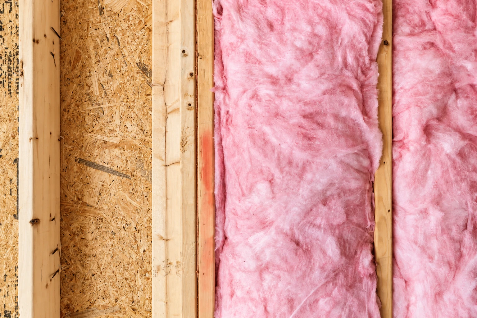 Pink fiberglass batts fill the cavities between exposed wooden wall studs.
