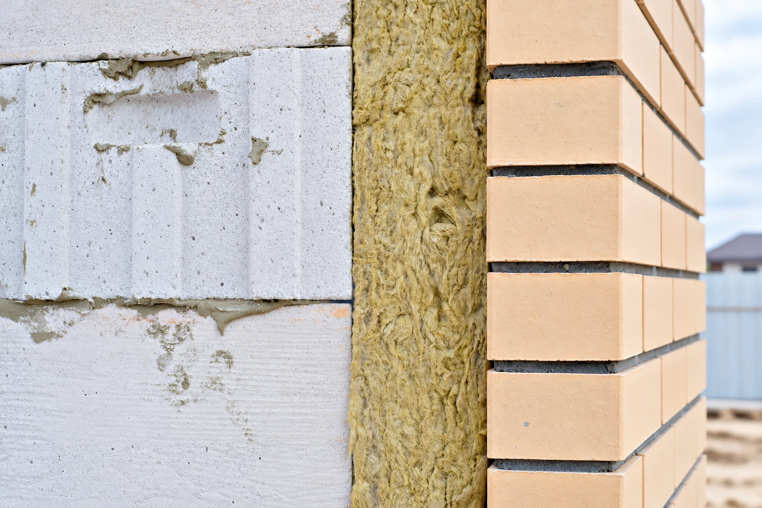 Cross-section of an exterior wall showing yellow insulation between a concrete block wall and brick veneer.