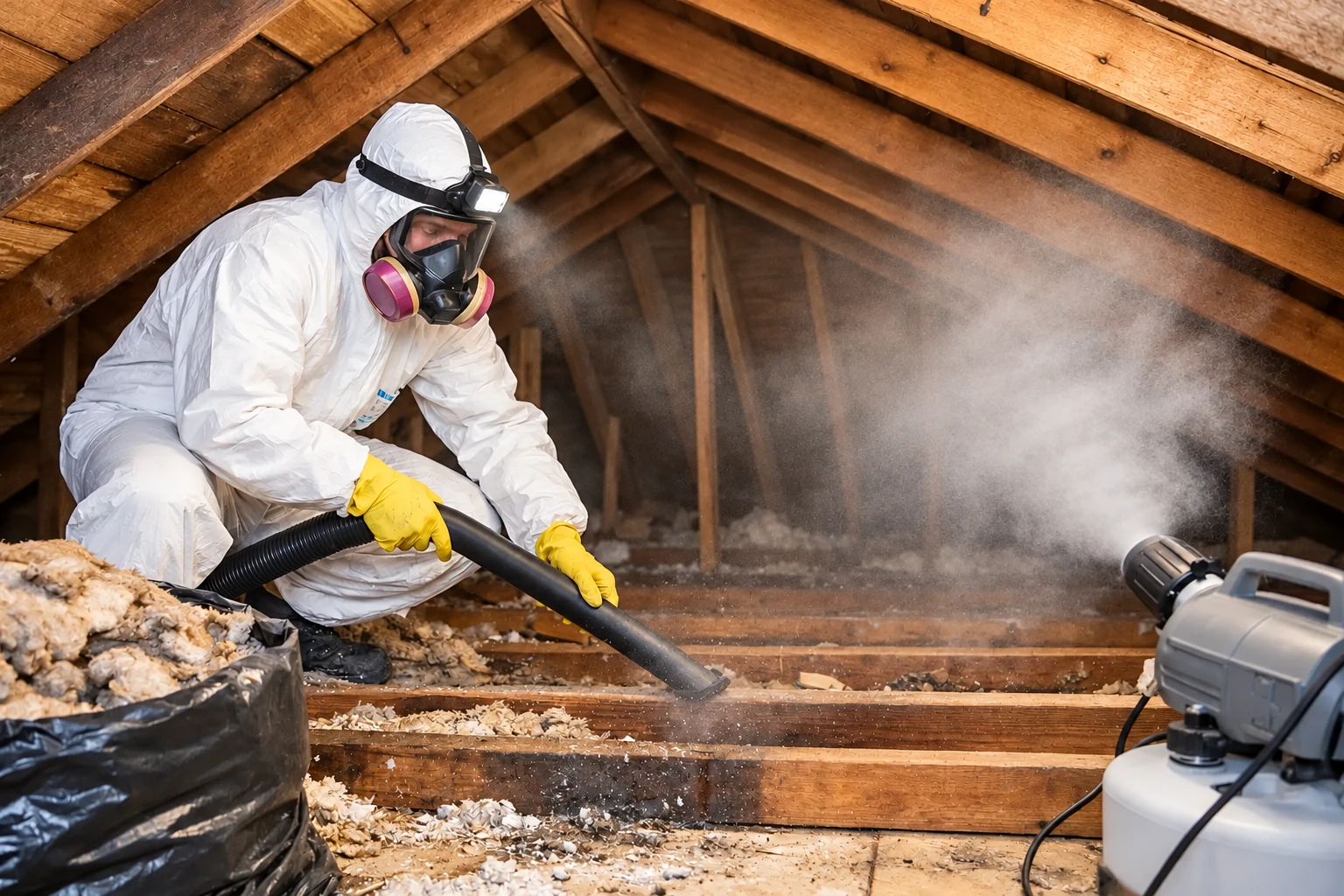 Worker in protective coveralls and a respirator uses a hose to remove loose attic insulation amid a cloud of dust.