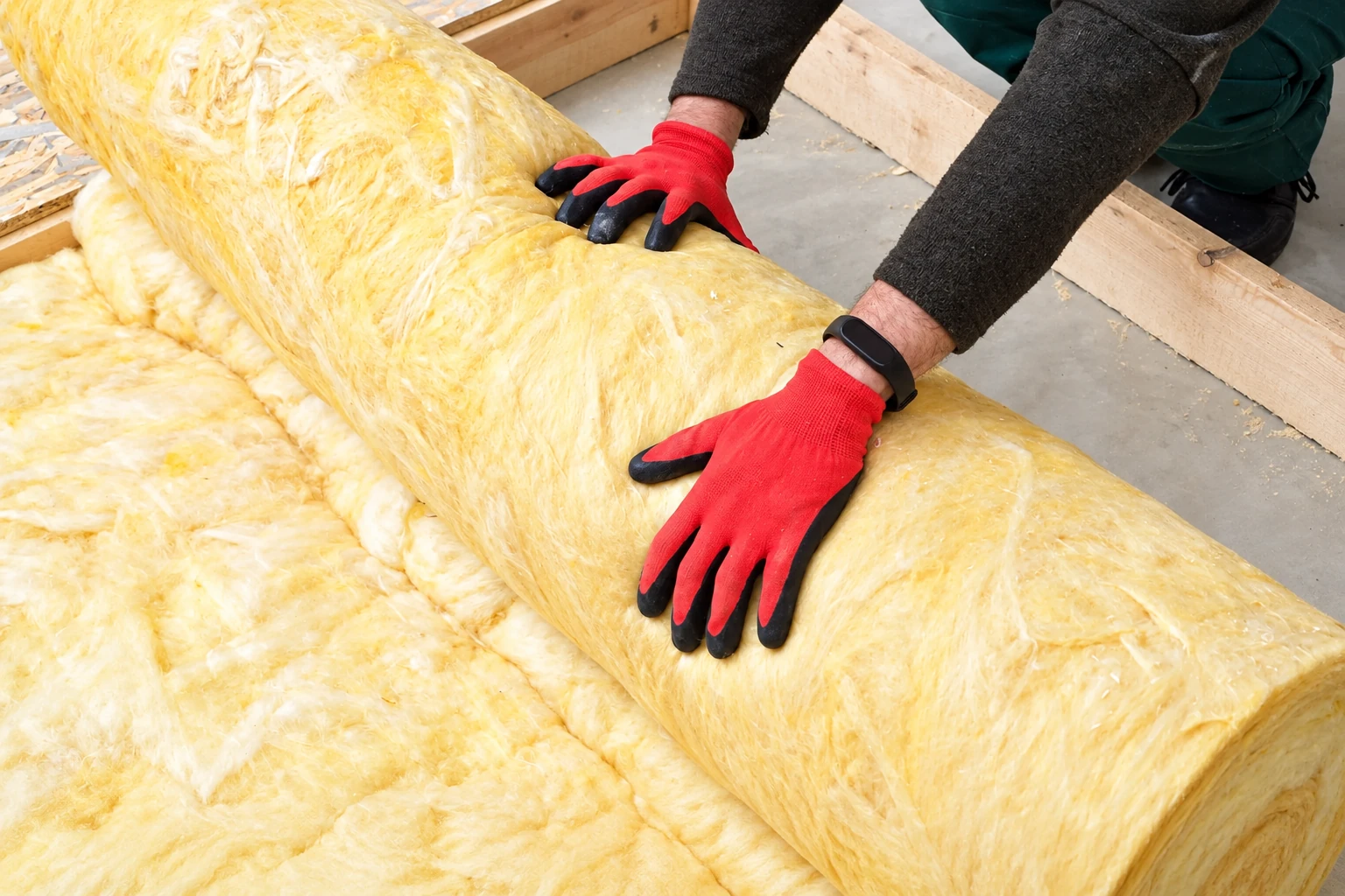 A worker in red gloves handles a thick roll of yellow batt insulation over additional insulation laid between floor framing.