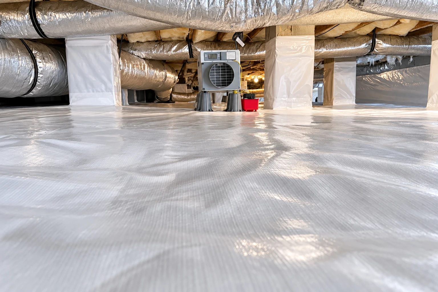 A white vapor barrier covers the floor and wrapped supports in a crawl space with exposed ducts and a ventilation unit.