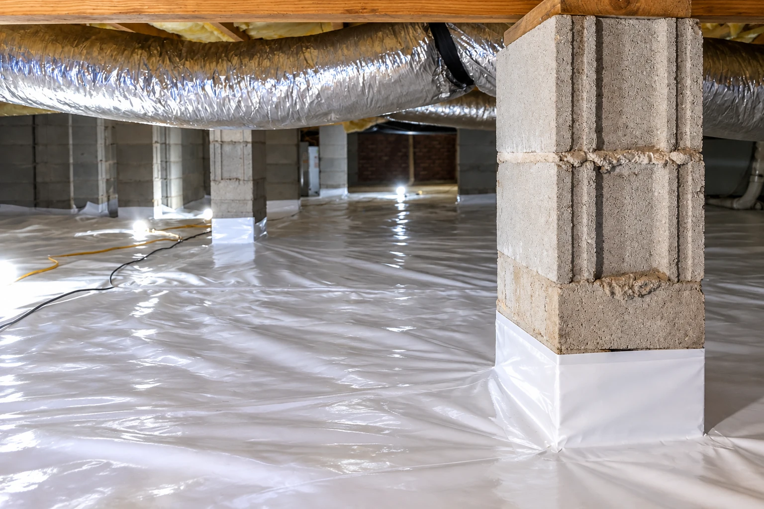 Plastic vapor barrier covers a crawl space floor around concrete block piers, with reflective ductwork overhead.