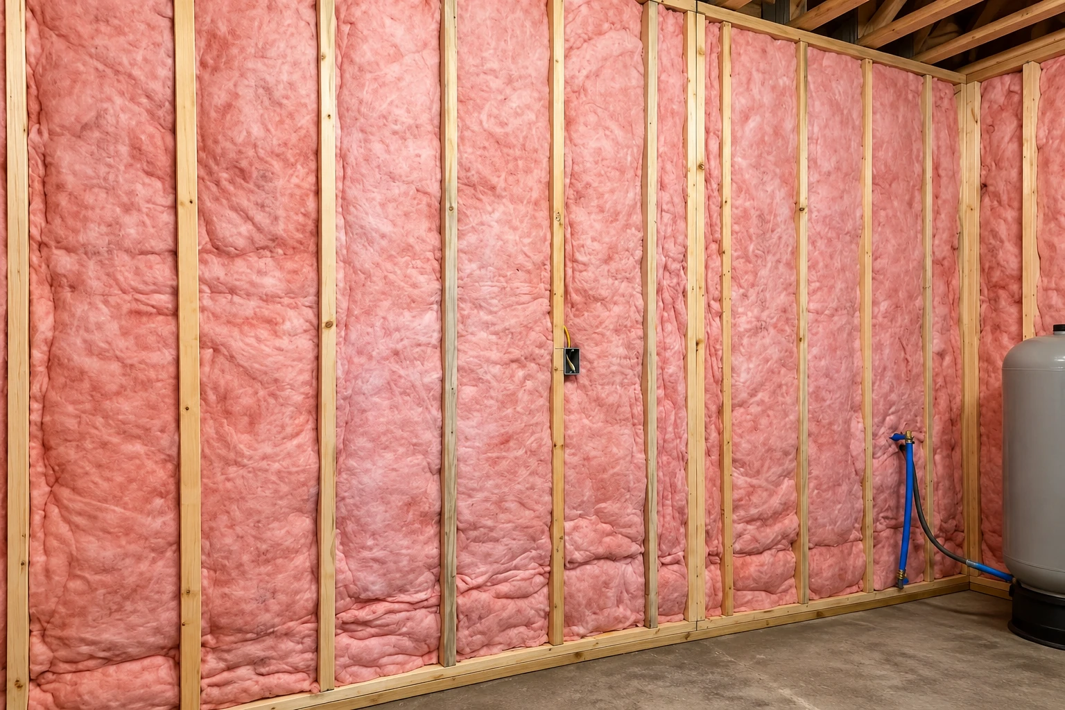 Unfinished wall framed with wood studs and filled with pink batt insulation, beside a concrete floor and utility tank.