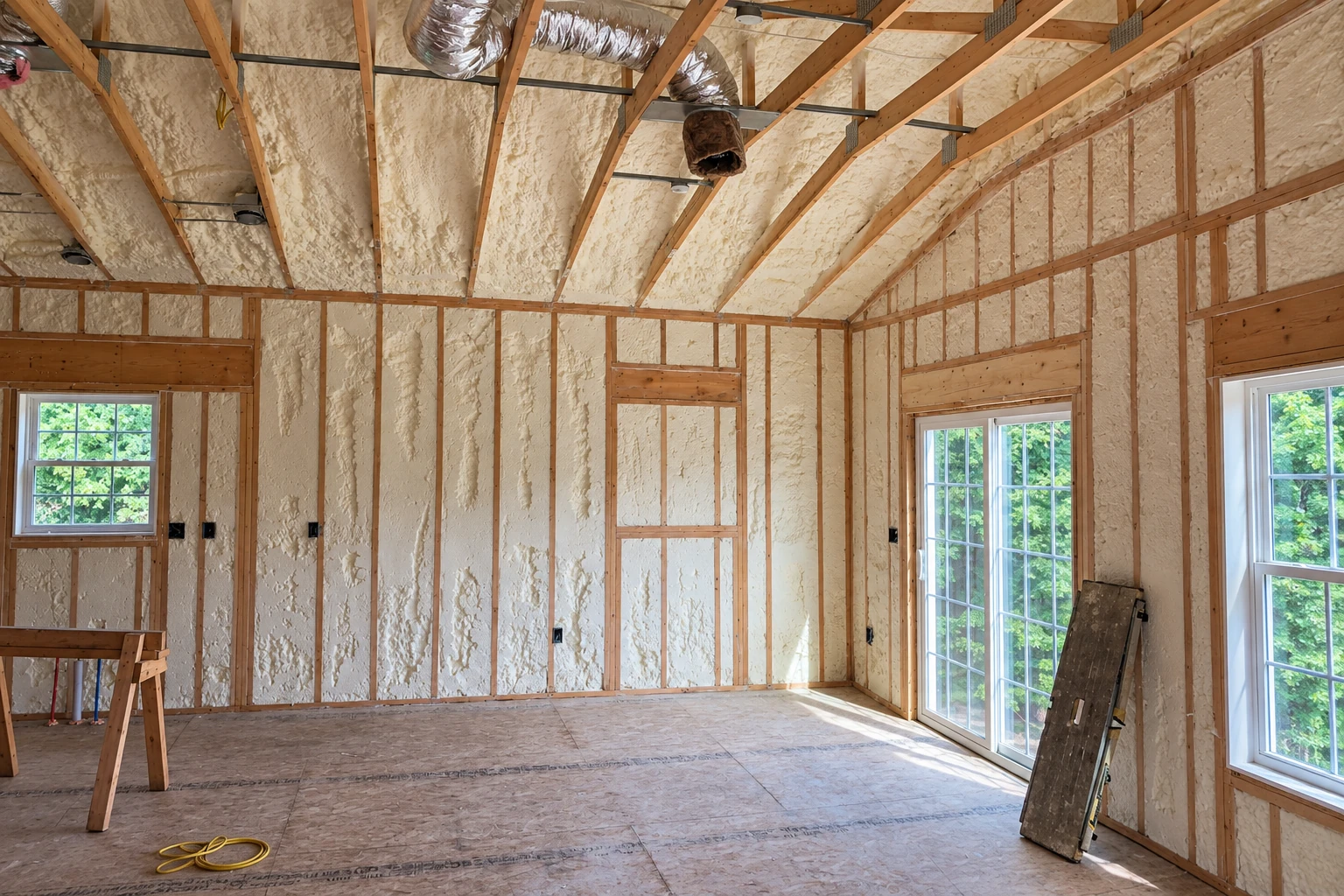 Spray foam insulation fills the walls and ceiling of a framed room with windows and exposed wooden rafters.